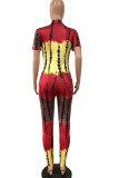 Yellow Casual Print Patchwork Zipper Collar Regular Jumpsuits