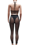 White Sexy Solid Patchwork See-through Backless Halter Sleeveless Two Pieces