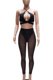 White Sexy Solid Patchwork See-through Backless Halter Sleeveless Two Pieces