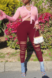 Grey Sexy Solid Ripped Skinny High Waist Pencil Solid Color Bottoms