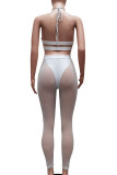 White Sexy Solid Patchwork See-through Backless Halter Sleeveless Two Pieces