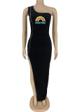 Black Sexy Print Patchwork Slit Asymmetrical Zipper Oblique Collar Straight Dresses