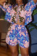 Deep Blue Casual Street Print Patchwork Buckle Turndown Collar Short Sleeve Two Pieces