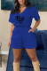 Blue Fashion Print Patchwork V Neck Short Sleeve Two Pieces