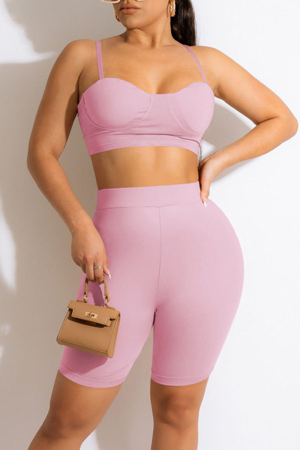Pink Sexy Solid Patchwork Spaghetti Strap Sleeveless Two Pieces