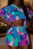 Colour Casual Street Print Patchwork Buckle Turndown Collar Short Sleeve Two Pieces