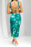 Blue Sexy Print Backless Spaghetti Strap Pencil Skirt Dresses