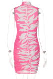 Rose Red Sexy Print Patchwork Half A Turtleneck Pencil Skirt Dresses