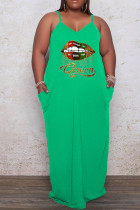 Green Casual Print Split Joint Spaghetti Strap Sling Dress Plus Size Dresses