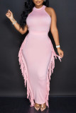 Pink Casual Solid Tassel Patchwork O Neck Sleeveless Two Pieces