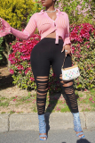 Grey Sexy Solid Ripped Skinny High Waist Pencil Solid Color Bottoms