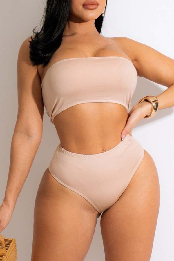 Khaki Fashion Sexy Solid Backless Swimwears (Without Paddings)