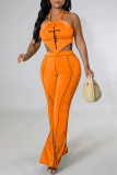 Orange Sexy Print Backless Asymmetrical Halter Sleeveless Two Pieces