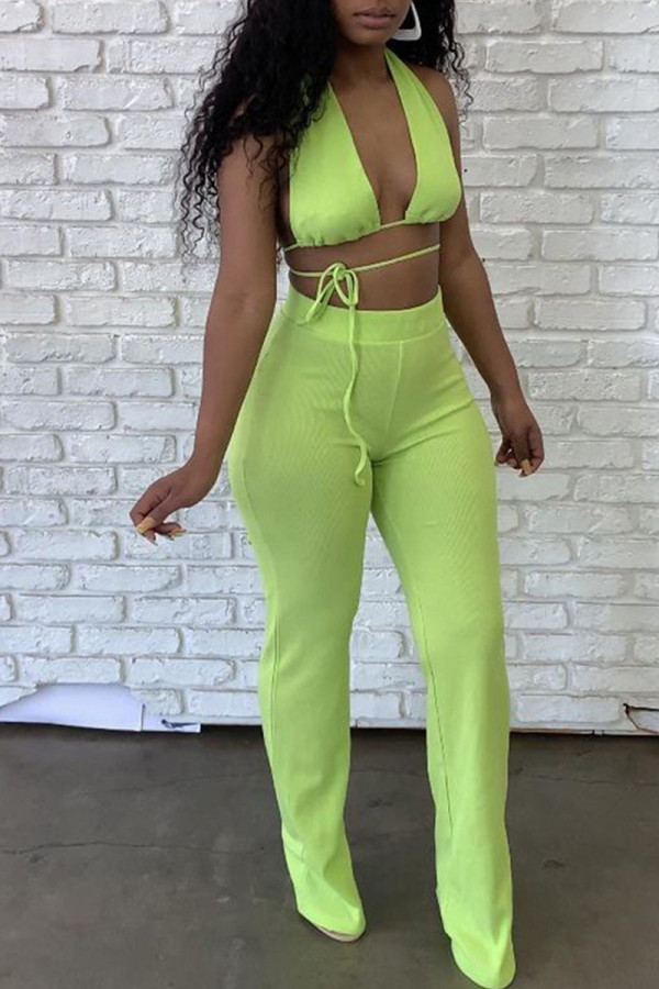 Green Sexy Solid Bandage Hollowed Out Patchwork Asymmetrical V Neck Sleeveless Two Pieces