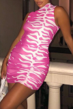 Rose Red Sexy Print Patchwork Half A Turtleneck Pencil Skirt Dresses