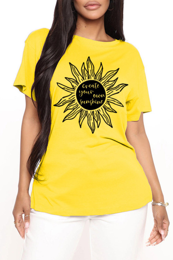 Yellow Fashion Casual Print Basic O Neck T-Shirts