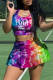 Purplish Blue Fashion Casual Sportswear Letter Print Tie-dye U Neck Sleeveless Two Pieces