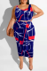 Deep Blue Sexy Print Patchwork O Neck Pencil Skirt Plus Size Two Pieces