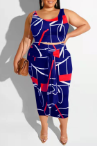 Deep Blue Sexy Print Split Joint O Neck Pencil Skirt Plus Size Two Pieces