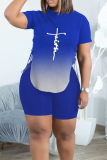 Blue Casual Print Slit O Neck Short Sleeve Two Pieces