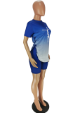 Blue Casual Print Slit O Neck Short Sleeve Two Pieces