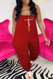 Red Casual Street Print Patchwork Spaghetti Strap Straight Jumpsuits