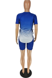 Blue Casual Print Slit O Neck Short Sleeve Two Pieces