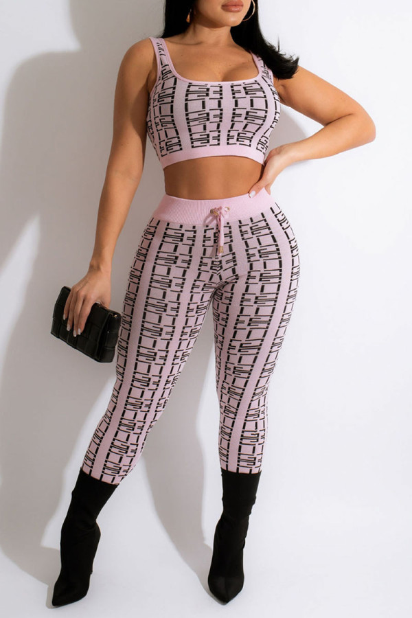 Pink Casual Print Patchwork U Neck Two Pieces