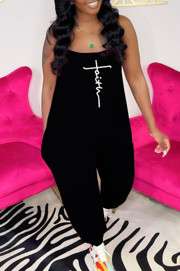 Black Casual Street Print Patchwork Spaghetti Strap Straight Jumpsuits