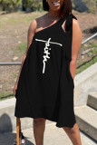 Red Casual Print Patchwork Oblique Collar A Line Dresses