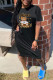 Black Fashion Street Character Print Letter O Neck One Step Skirt Dresses