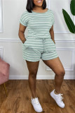 Pink Fashion Casual Striped Print Basic O Neck Regular Rompers