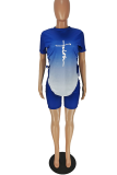 Blue Casual Print Slit O Neck Short Sleeve Two Pieces