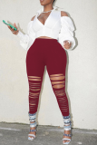 Grey Sexy Solid Ripped Skinny High Waist Pencil Solid Color Bottoms