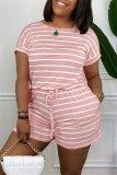 Pink Fashion Casual Striped Print Basic O Neck Regular Rompers