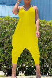 Yellow Casual Solid Split Joint O Neck Jumpsuits