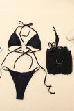 Black Fashion Sexy Solid Bandage Backless Swimwears Three-piece Set (With Paddings)