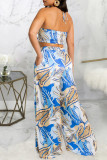 Blue Fashion Casual Print Solid Hollowed Out Backless Strapless Sleeveless Two Pieces