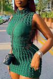 Green Sexy Solid Bandage Hollowed Out Split Joint Half A Turtleneck Pencil Skirt Dresses