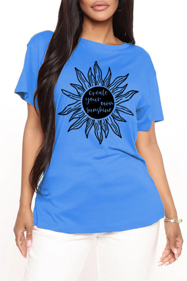 Deep Blue Fashion Casual Print Basic O Neck T-Shirts