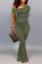 Green Fashion Print Patchwork One Shoulder Boot Cut Jumpsuits