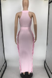Pink Casual Solid Tassel Patchwork O Neck Sleeveless Two Pieces