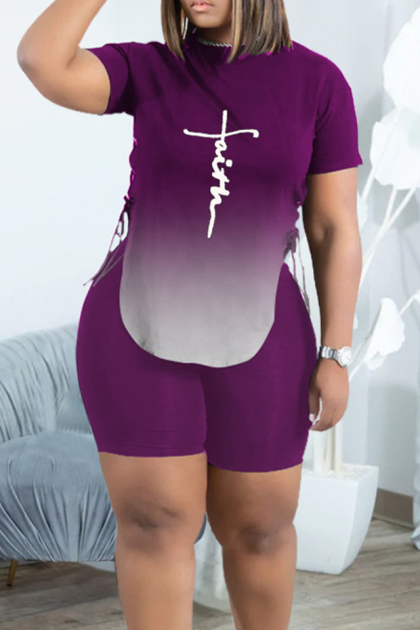 Purple Casual Print Slit O Neck Short Sleeve Two Pieces