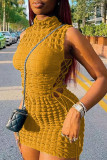 Yellow Sexy Solid Bandage Hollowed Out Split Joint Half A Turtleneck Pencil Skirt Dresses