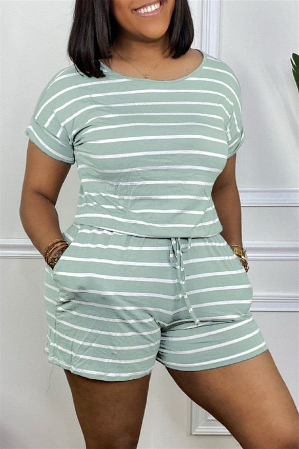 Green Fashion Casual Striped Print Basic O Neck Regular Rompers