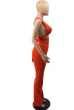 Red Sexy Solid Bandage Hollowed Out Patchwork Asymmetrical V Neck Sleeveless Two Pieces