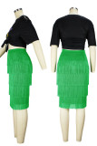 Green Casual Print Tassel Patchwork O Neck Plus Size Two Pieces
