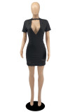 Black Fashion Sexy Solid Ripped Hollowed Out O Neck Short Sleeve Dress