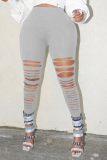 Grey Sexy Solid Ripped Skinny High Waist Pencil Solid Color Bottoms
