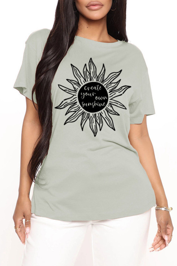 Grey Fashion Casual Print Basic O Neck T-Shirts